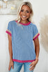 Retro Vibe Contrast Trim Corded Knit Short Sleeve Top